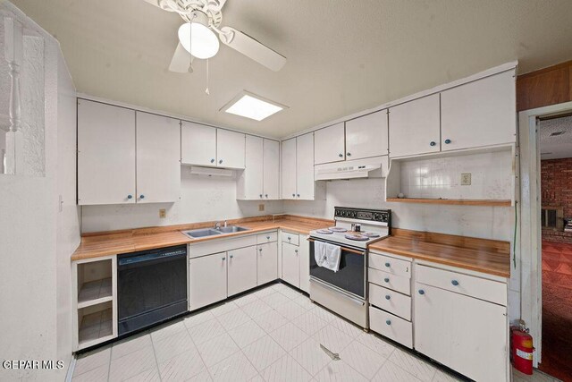 5033 Royal Dr, El Paso, TX 79924 - kitchen with white electric range, black dishwasher, a sink, under cabinet range hood, and wooden counters