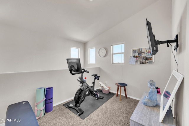 6716 Red Canyon Sage Ln, El Paso, TX 79912 - exercise area featuring lofted ceiling, carpet flooring, and baseboards