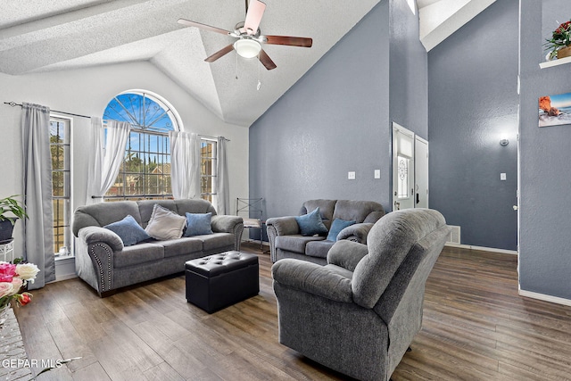 12119 Quail Harvest Ln, El Paso, TX 79936 - living room with a ceiling fan, high vaulted ceiling, wood finished floors, baseboards, and a textured wall
