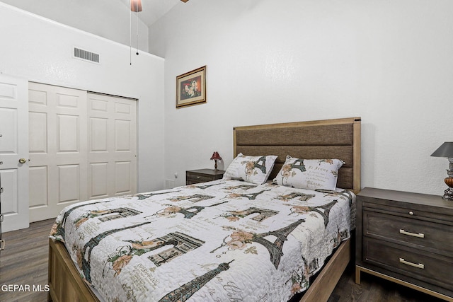 12119 Quail Harvest Ln, El Paso, TX 79936 - bedroom featuring dark wood-style flooring, a closet, a ceiling fan, and high vaulted ceiling
