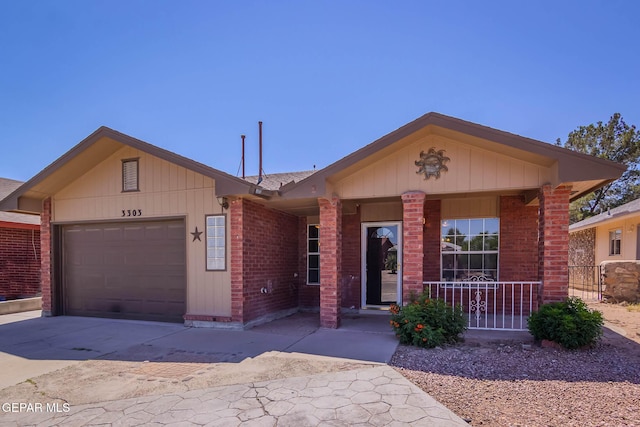 3303 Ward Robert Pl, El Paso, TX 79936 - ranch-style home with a porch, an attached garage, brick siding, concrete driveway, and roof with shingles
