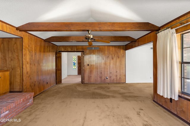 5445 Connors Ln, El Paso, TX 79932 - carpeted spare room with wood walls, a ceiling fan, and a textured ceiling