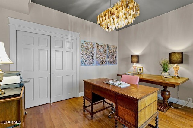 1119 Los Jardines Cir, El Paso, TX 79912 - home office featuring wood finished floors, a chandelier, and baseboards