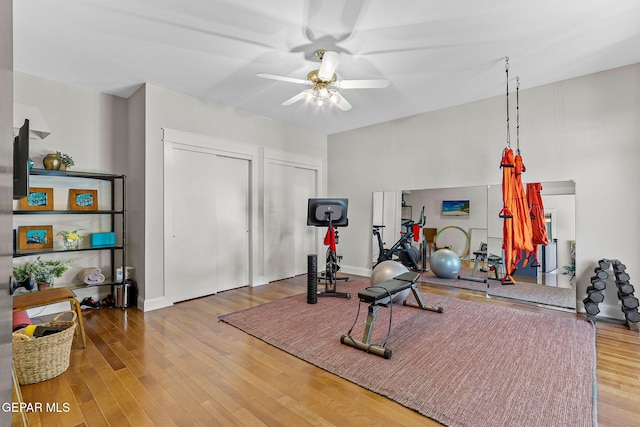 1119 Los Jardines Cir, El Paso, TX 79912 - exercise room with a ceiling fan, wood finished floors, and baseboards