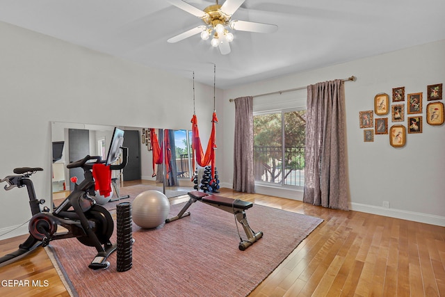 1119 Los Jardines Cir, El Paso, TX 79912 - exercise area featuring baseboards, wood finished floors, and a ceiling fan