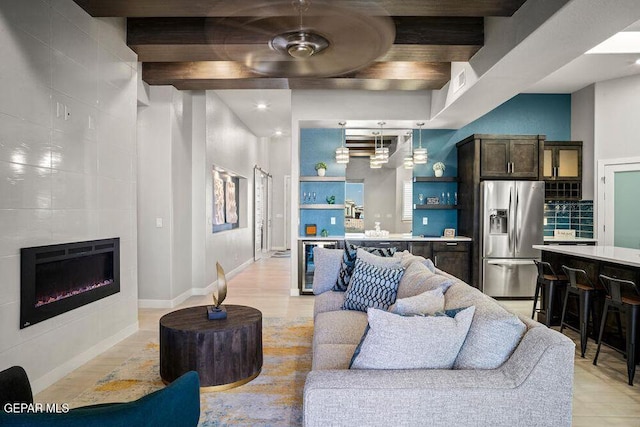 2212 Mike Price Dr, El Paso, TX 79938 - living area with beverage cooler, a fireplace, a ceiling fan, beamed ceiling, and recessed lighting