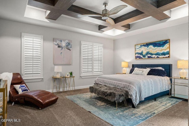 2228 Mike Price Dr, El Paso, TX 79938 - carpeted bedroom featuring coffered ceiling, beam ceiling, and a ceiling fan