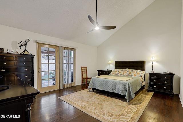 840 Tepic Dr, El Paso, TX 79912 - bedroom with dark wood-style floors, a textured ceiling, access to outside, a ceiling fan, and high vaulted ceiling