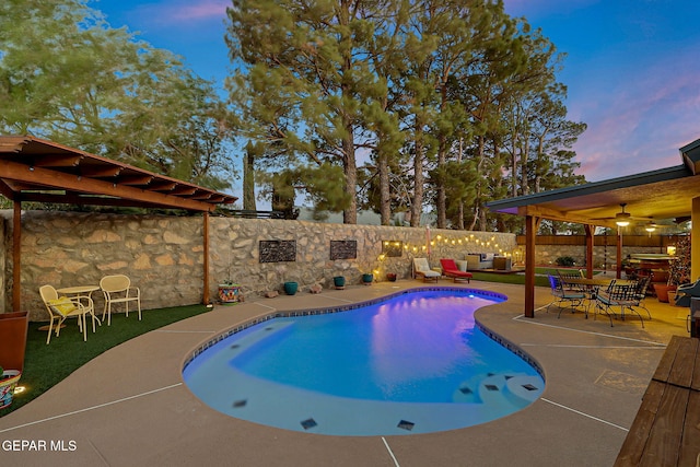 840 Tepic Dr, El Paso, TX 79912 - view of pool featuring a ceiling fan, a fenced backyard, and a patio area