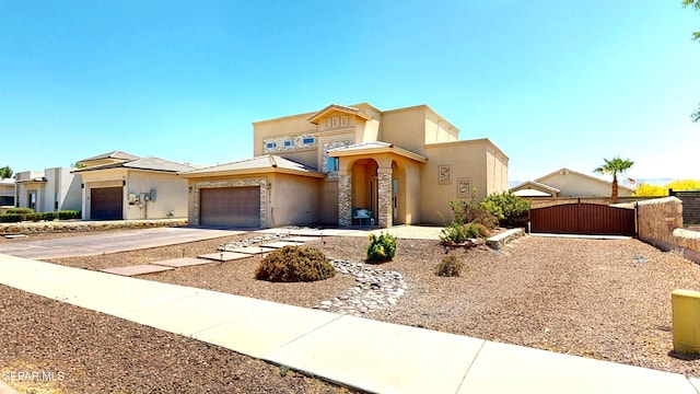 5712 Valley Lilac Ln, El Paso, TX 79932 - view of front facade featuring a gate, stucco siding, driveway, a garage, and stone siding