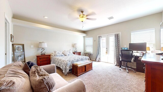 5712 Valley Lilac Ln, El Paso, TX 79932 - bedroom featuring access to exterior, a desk, light carpet, french doors, and ceiling fan