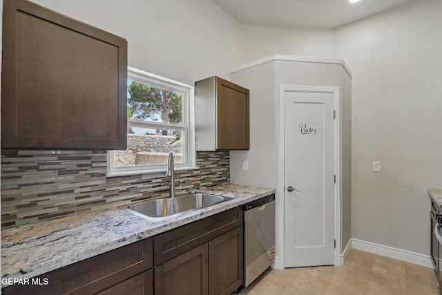 1718 Dean Jones Dr, El Paso, TX 79936 - kitchen with stainless steel dishwasher, a sink, tasteful backsplash, dark brown cabinets, and baseboards