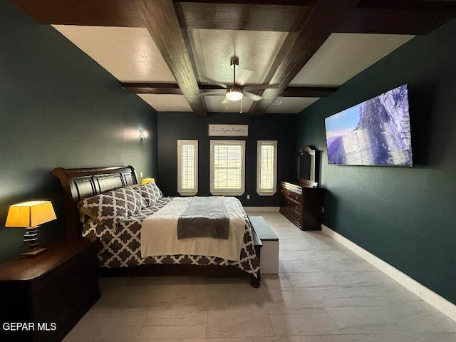 14529 Tierra Spring Ave, El Paso, TX 79938 - bedroom with coffered ceiling, baseboards, beam ceiling, and a ceiling fan