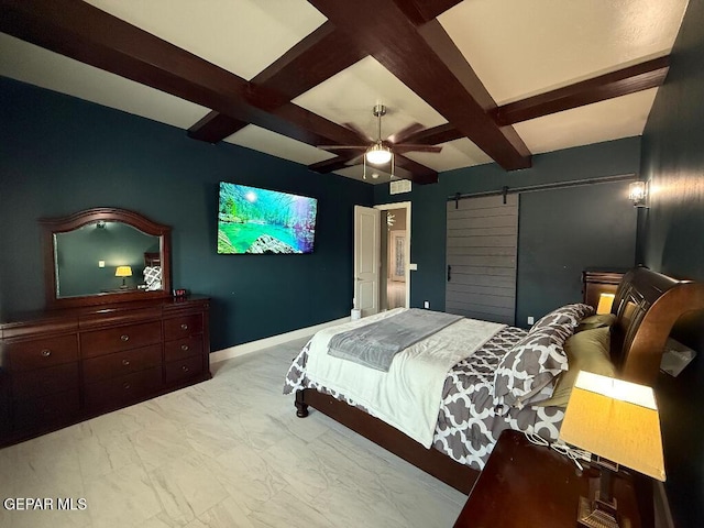 14529 Tierra Spring Ave, El Paso, TX 79938 - bedroom with a barn door, beamed ceiling, baseboards, marble look tiles, and coffered ceiling