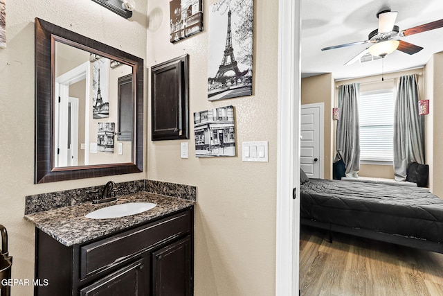 5505 Valley Cedar Dr, El Paso, TX 79932 - bathroom with vanity, wood finished floors, a ceiling fan, and a textured wall