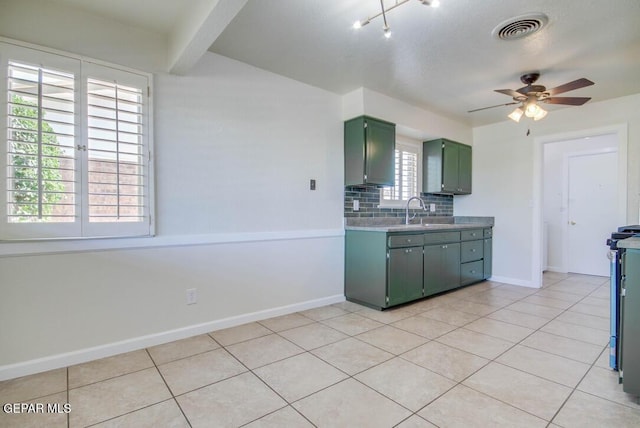 1701 Paul Moran Pl, El Paso, TX 79936 - kitchen featuring green cabinets, decorative backsplash, ceiling fan, light countertops, and light tile patterned floors