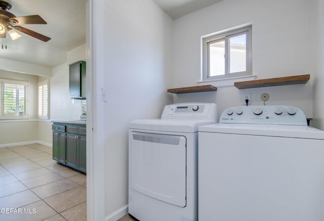1701 Paul Moran Pl, El Paso, TX 79936 - washroom with independent washer and dryer, baseboards, ceiling fan, and light tile patterned flooring