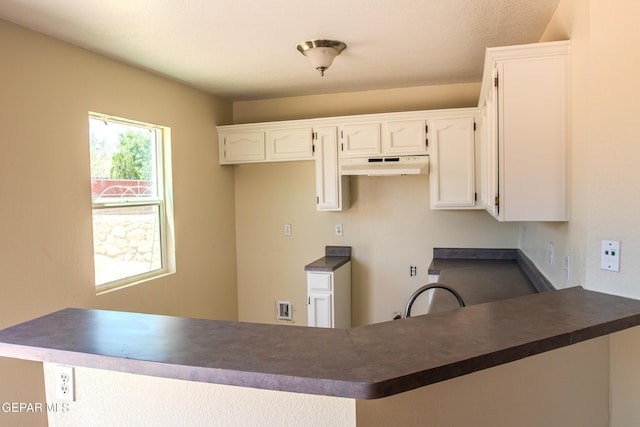 11896 Crimson Sky Dr, El Paso, TX 79936 - kitchen with under cabinet range hood, dark countertops, a peninsula, and a sink