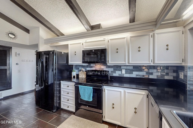 3104 Pagosa Ct, El Paso, TX 79904 - kitchen with black appliances, a textured ceiling, decorative backsplash, dark countertops, and white cabinetry