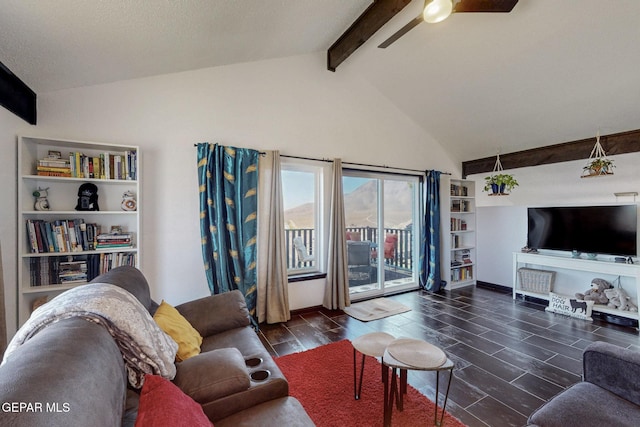 3104 Pagosa Ct, El Paso, TX 79904 - living area featuring beamed ceiling, wood tiled floors, ceiling fan, high vaulted ceiling, and baseboards