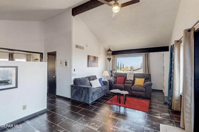 3104 Pagosa Ct, El Paso, TX 79904 - living area featuring ceiling fan, high vaulted ceiling, beam ceiling, and baseboards