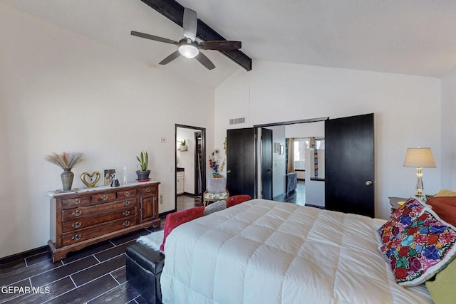 3104 Pagosa Ct, El Paso, TX 79904 - bedroom featuring beamed ceiling, high vaulted ceiling, baseboards, and a ceiling fan
