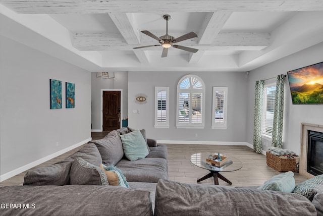 14521 Petralia Ave, El Paso, TX 79938 - living area with coffered ceiling, baseboards, wood finished floors, a premium fireplace, and beamed ceiling