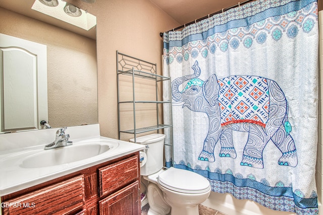 11352 Bullseye St, El Paso, TX 79934 - bathroom with toilet, vanity, a textured wall, and a shower with curtain