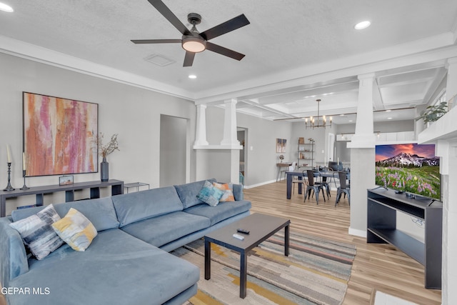 2729 Pershing Dr, El Paso, TX 79903 - living area with decorative columns, light wood-type flooring, recessed lighting, a ceiling fan, and baseboards
