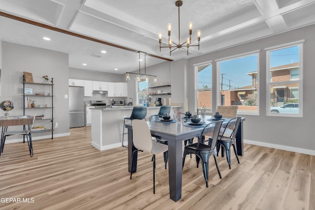 2729 Pershing Dr, El Paso, TX 79903 - dining room with a chandelier, light wood-style flooring, beam ceiling, recessed lighting, and baseboards