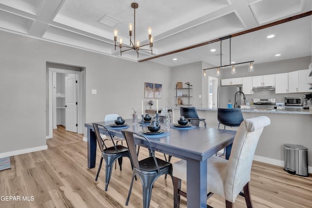 2729 Pershing Dr, El Paso, TX 79903 - dining area with coffered ceiling, light wood finished floors, a chandelier, recessed lighting, and beamed ceiling