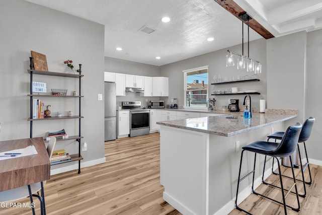 2729 Pershing Dr, El Paso, TX 79903 - kitchen with stainless steel appliances, open shelves, light wood-style floors, a peninsula, and a sink