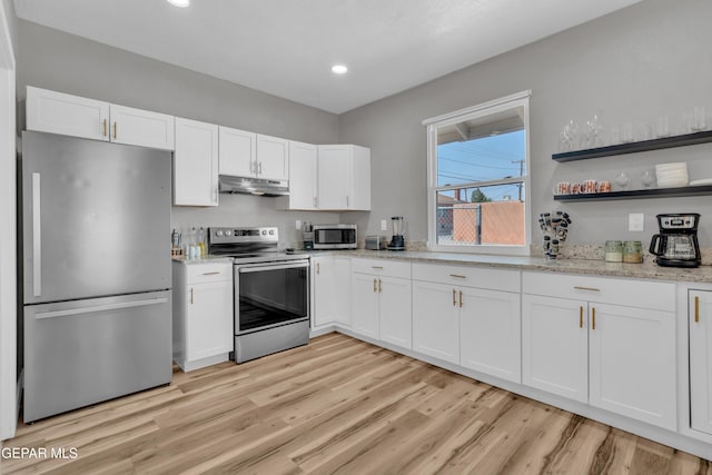 2729 Pershing Dr, El Paso, TX 79903 - kitchen with appliances with stainless steel finishes, under cabinet range hood, white cabinetry, light wood-style flooring, and recessed lighting