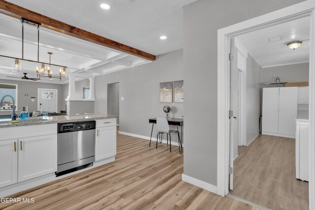 2729 Pershing Dr, El Paso, TX 79903 - kitchen with stainless steel dishwasher, light wood finished floors, white cabinetry, baseboards, and beam ceiling
