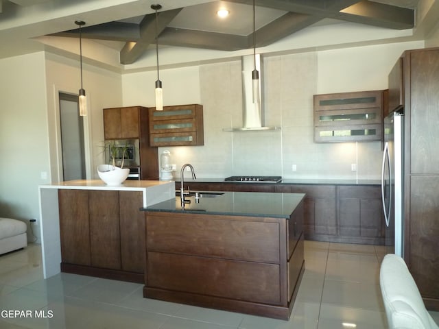 5868 Valley Palm Dr, El Paso, TX 79932 - kitchen with a sink, wall chimney exhaust hood, coffered ceiling, a large island with sink, and beam ceiling