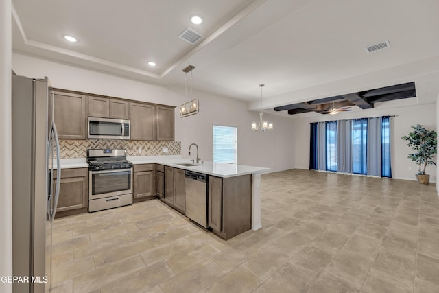 1741 Breeder Cup Way, El Paso, TX 79928 - kitchen featuring appliances with stainless steel finishes, open floor plan, a peninsula, decorative backsplash, and a chandelier