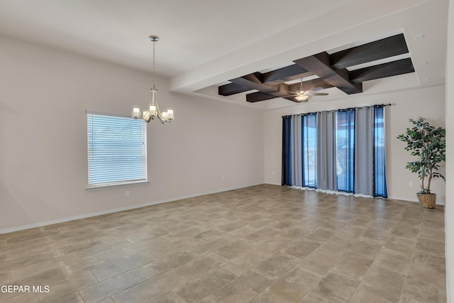 1741 Breeder Cup Way, El Paso, TX 79928 - empty room featuring plenty of natural light, coffered ceiling, a chandelier, a ceiling fan, and beam ceiling