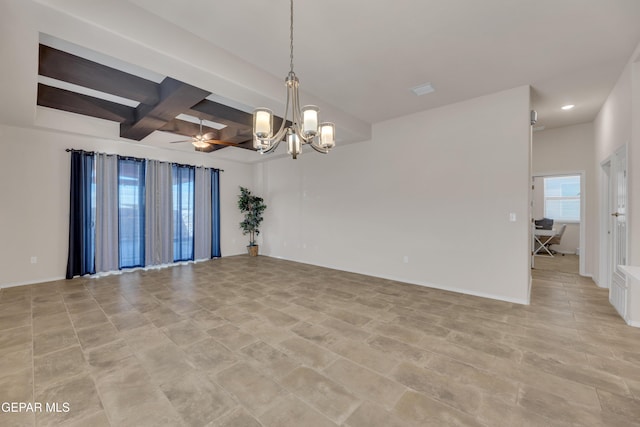 1741 Breeder Cup Way, El Paso, TX 79928 - spare room featuring a chandelier, coffered ceiling, beam ceiling, ceiling fan, and recessed lighting