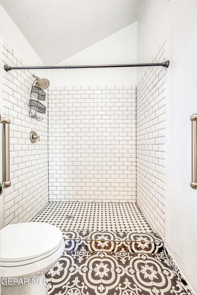 11513 Cree Ct, El Paso, TX 79936 - bathroom featuring a stall shower, toilet, and vaulted ceiling