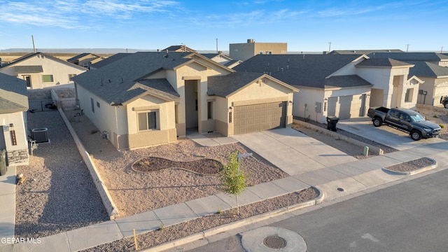 13676 Lago Vista Ave, Horizon City, TX 79928 - single story home featuring stucco siding, a residential view, a garage, and central air condition unit