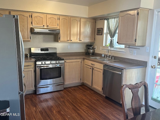 11048 Nathan Bay Dr, El Paso, TX 79934 - kitchen featuring appliances with stainless steel finishes, under cabinet range hood, a sink, dark wood finished floors, and dark countertops