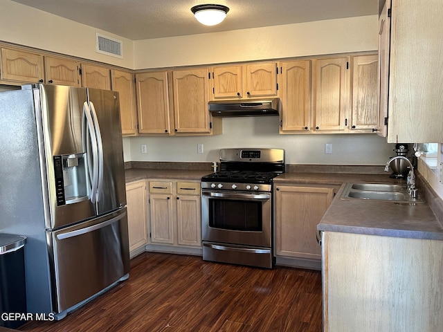 11048 Nathan Bay Dr, El Paso, TX 79934 - kitchen with stainless steel appliances, under cabinet range hood, a sink, dark countertops, and dark wood-type flooring