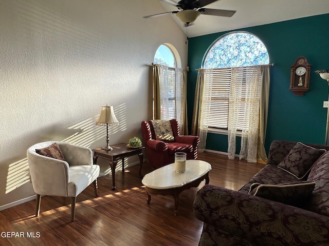 11048 Nathan Bay Dr, El Paso, TX 79934 - living area featuring a ceiling fan, wood finished floors, lofted ceiling, and baseboards