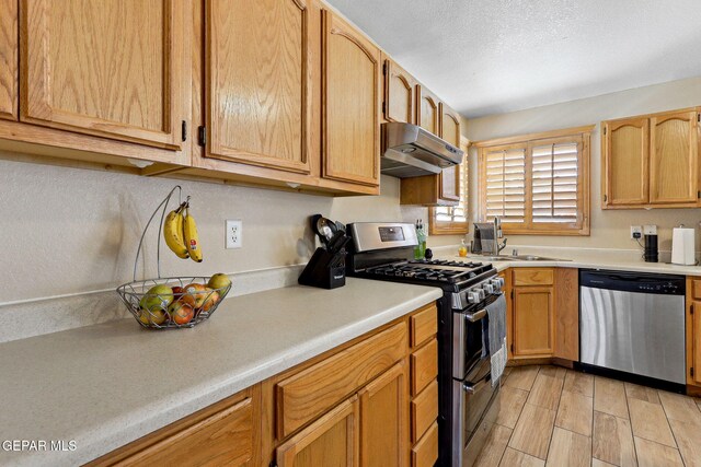 14025 Stoutland Ln, El Paso, TX 79928 - kitchen featuring appliances with stainless steel finishes, under cabinet range hood, light countertops, a textured ceiling, and a sink