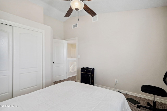 14309 Coyote Trl, El Paso, TX 79938 - bedroom with carpet, baseboards, vaulted ceiling, a closet, and a ceiling fan