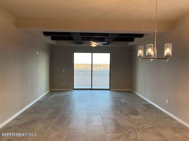 14772 John Mcneely Ave, El Paso, TX 79938 - unfurnished room with a chandelier, beamed ceiling, a ceiling fan, baseboards, and coffered ceiling