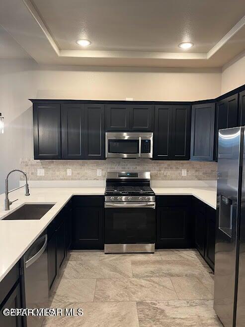 14772 John Mcneely Ave, El Paso, TX 79938 - kitchen featuring appliances with stainless steel finishes, a sink, a tray ceiling, dark cabinets, and tasteful backsplash