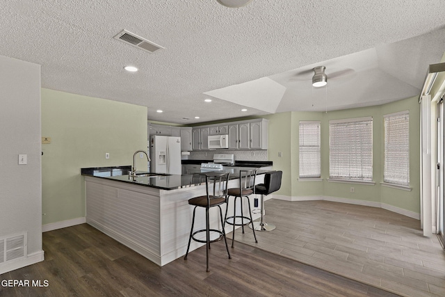 1461 Luz De Luna Pl, El Paso, TX 79912 - kitchen featuring white appliances, a peninsula, dark countertops, a sink, and dark wood-style flooring
