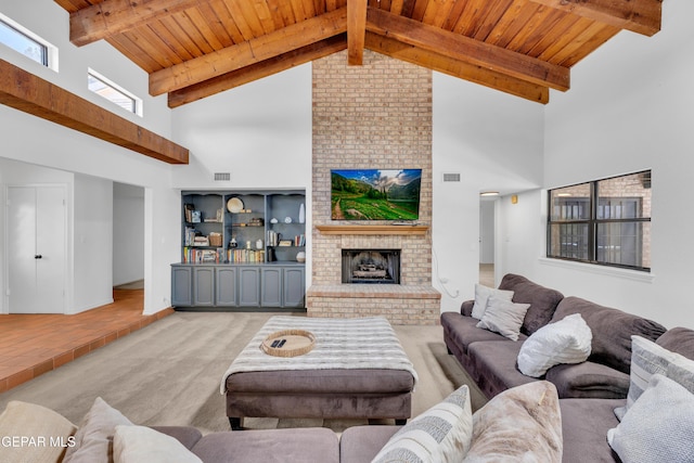 724 Gary Ln, El Paso, TX 79922 - living room featuring high vaulted ceiling, wood ceiling with exposed beams, carpet flooring, and a fireplace