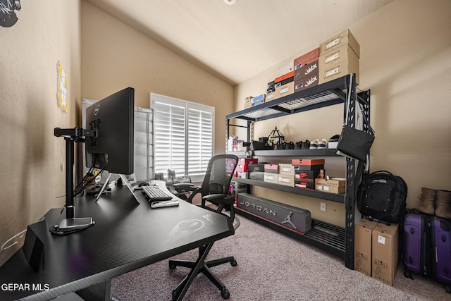 12805 Epsom Dr, Horizon City, TX 79928 - office area featuring vaulted ceiling and carpet